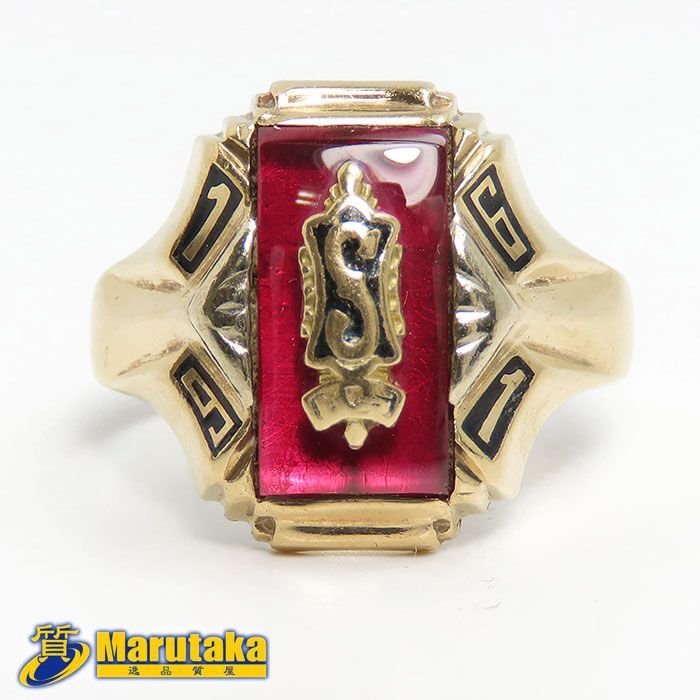 HERFFJONES ハーフジョーンズ社 カレッジリング 11号 10K 赤石 ビンテージ 1961 s イニシャル刻印入 質屋 丸高 24k353-2 College Ring Vintage S High School