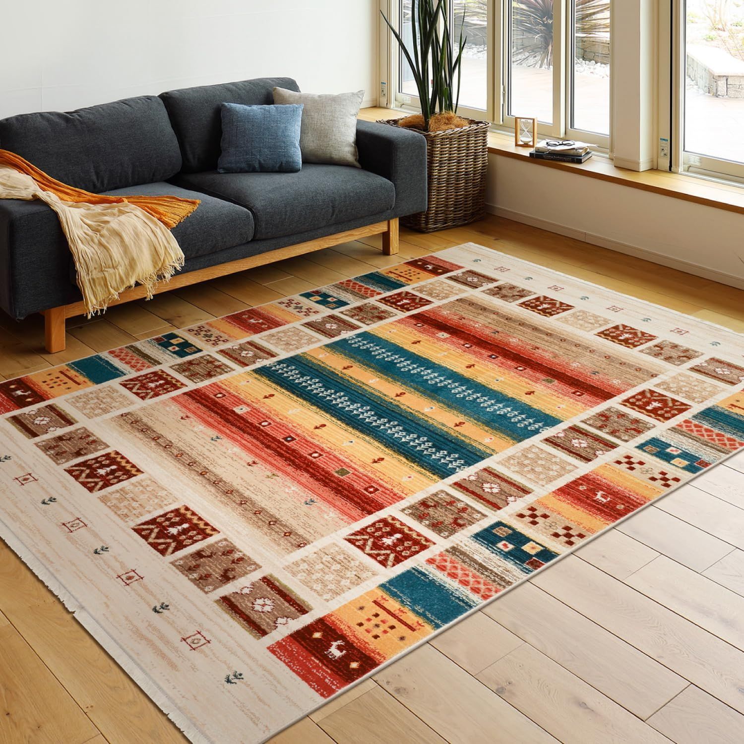 萩原 ウィルトン織ラグ 約160×225cm RAKKAS ヴィフ ギャッベ柄 民族柄 ホットカーペット 床暖房対応