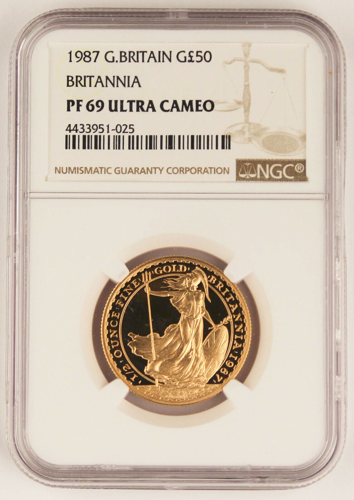 Great Britain UK 1987 BRITANNIA 1|2 Oz G ￡50 Pound Proof Coin NGC PF69 UC