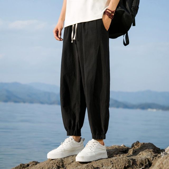 種類64：3XL/H：黒 ダークブルー メンズ ファッション 服 男性用 オシャレ シンプル 大人 かっこいい 大きいサイズ ストリート 紳士服 パンツ 九分丈 夏 薄手 リネン 綿 カジュアル ズボン