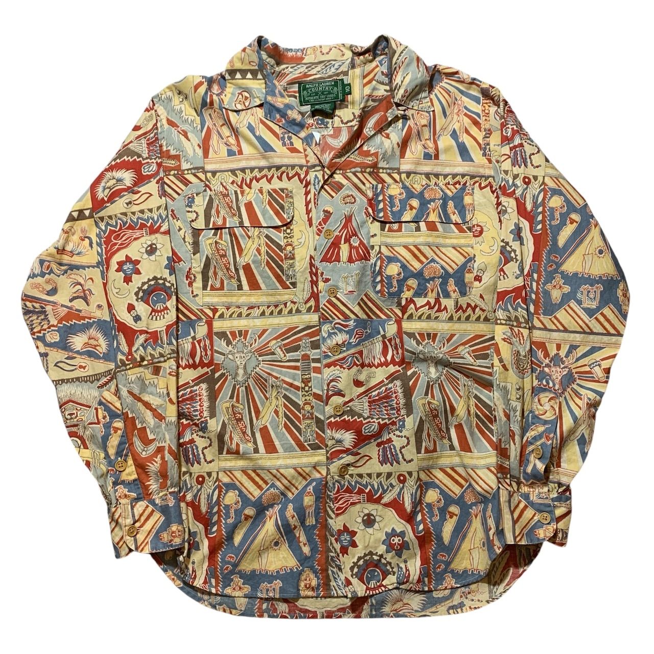 B145 80〜90s Ralph Lauren POLO COUNTRY all-over patterned shirt 1980〜90年代 ラルフローレン ポロカントリー ポケット付き 総柄 長袖シャツ