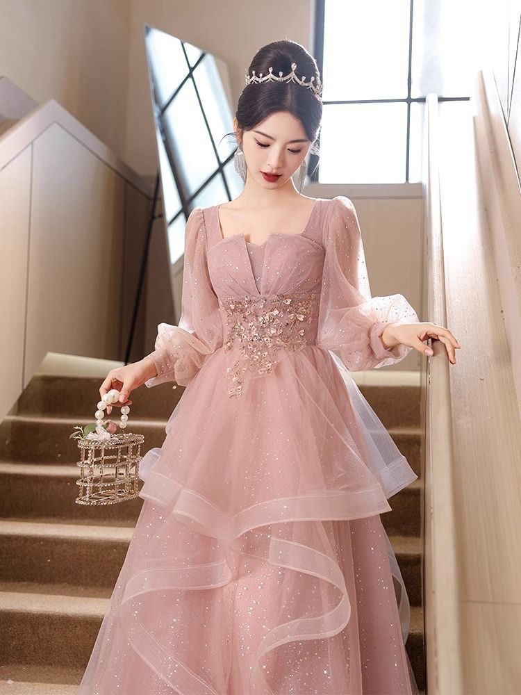 ロングドレス レディース ドレス ロングワンピース 長袖 ロング丈 フォーマル 二次会 フォーマルドレス 演奏会 謝恩会 同窓会 二次会 披露宴 着痩せ 上品 ピンクドレス 体型カバー 大人