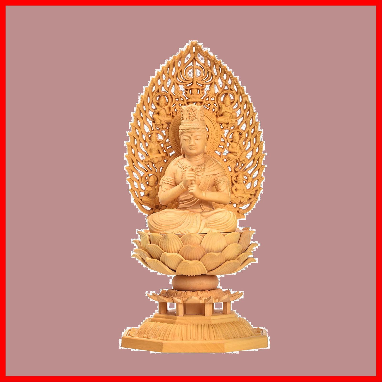 木彫りの仏像 大日如来 (真言宗) 柘植製 六角台座 火炎光背(高さ21.5cm×巾10cm)◆仏壇用のご本尊仏像、木彫り 本柘植仏像 真言宗 大日如来像 柘植六角台座 火炎光背 金泥付 1.8寸