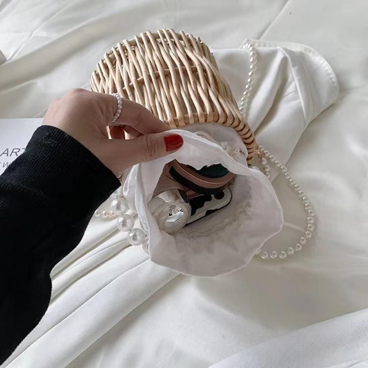 かごバッグ バケツ型 巾着 内袋 レディース カゴバッグ 編み柳 パール 持ち手 ショルダー バッグ 小さめ 大容量 自立 軽量 2way 手提げ 籠バッグ 巾着袋 耐水 浴衣 花火大会 お kongban359