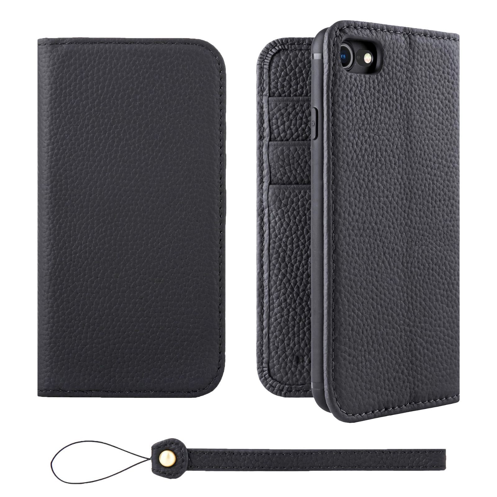 【在庫処分】SE2 SE3 (第3世代 第2世代) ケース 手帳型 7 本革 スマホケース スマホ スタンド iPhone8 ストラップ 付き シュリンクカーフレザー ギフト HANATORA ベルトなし マグネットなし ブラック 