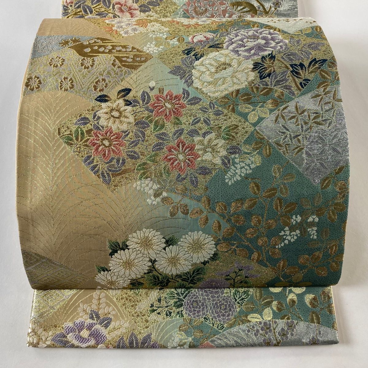 袋帯 美品 秀品 扇面 草花 金糸 箔 薄緑 六通 正絹 【中古