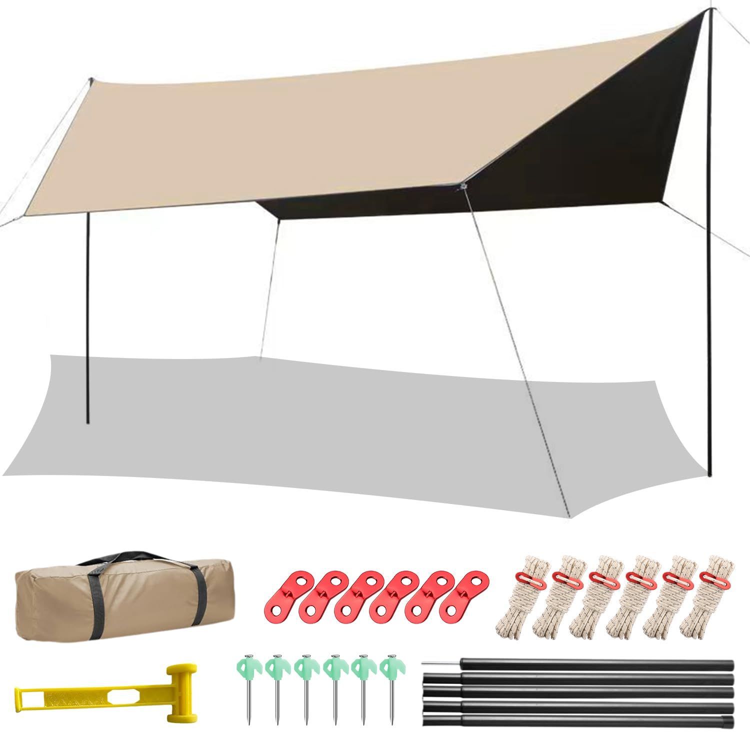 5000ｍｍ耐水圧 紫外線カット 210Ｄ高密度生地 UPF50 軽量 6本ペグ付 日除け 遮光 遮熱 難燃 耐水性優れ 撥水加工 6本テントロープ付 テントとの取り組み キャンプ 防水収納ケース付き テント 防水タープ 簡単設置 大型 天幕 ピク