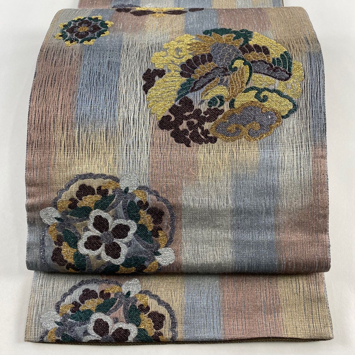 袋帯 美品 秀品 華文 鳥 箔 銀糸 青灰色 六通 正絹 【中古