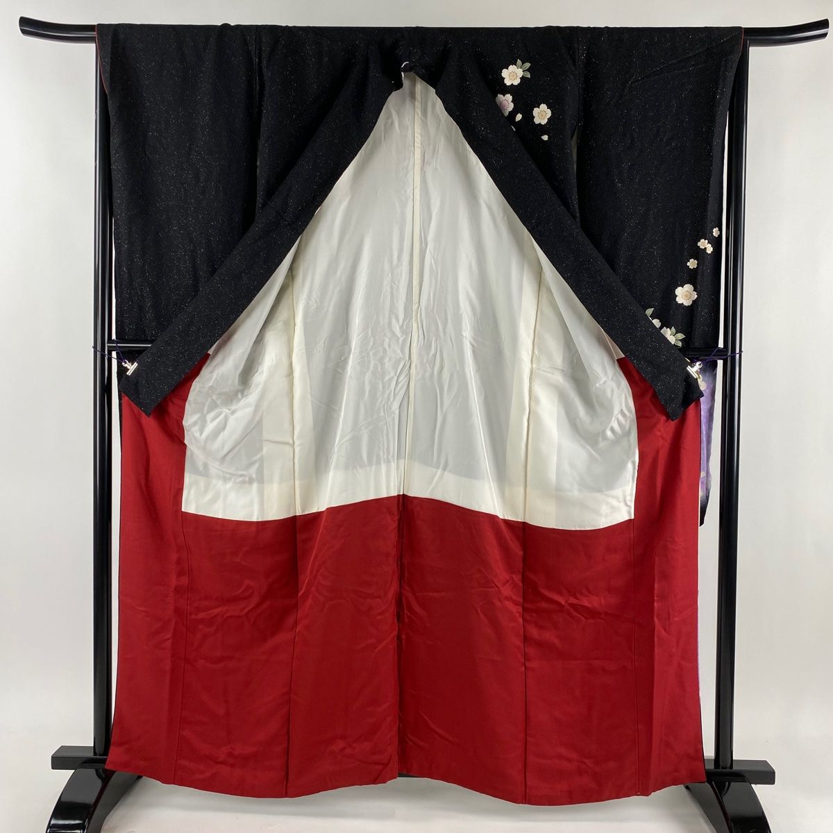 在庫一掃】 振袖 身丈159cm 裄丈68.5cm L 袷 鈴 桜 銀通し 箔 黒 正絹  