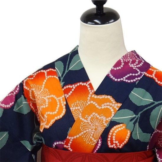 浴衣 レディース　九重 × 中村里砂 浴衣単品 (紺地 オレンジ・紫 椿 ) 浴衣 レディース 九重 × 中村里砂 浴衣単品 (紺地 オレンジ・紫 椿