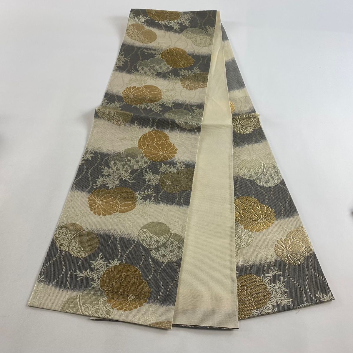 袋帯 美品 秀品 夏帯 絽 蹴鞠 立涌 金銀糸 箔 クリーム 六通