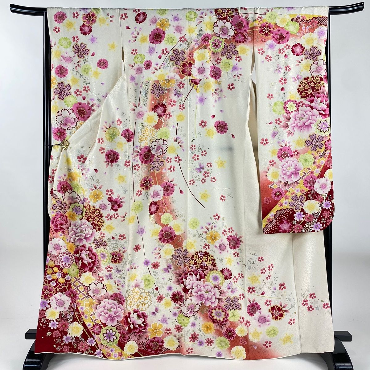 振袖 身丈166.5cm 裄丈66cm M 袷 牡丹 桜 銀通し 箔 灰白 正絹