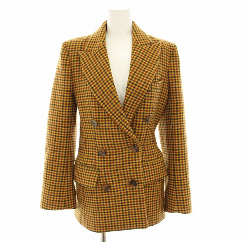 ケイト KHAITE テーラードジャケット ダブル 千鳥格子柄 絹 シルク 2 黄 イエロー 茶 ブラウン /YT