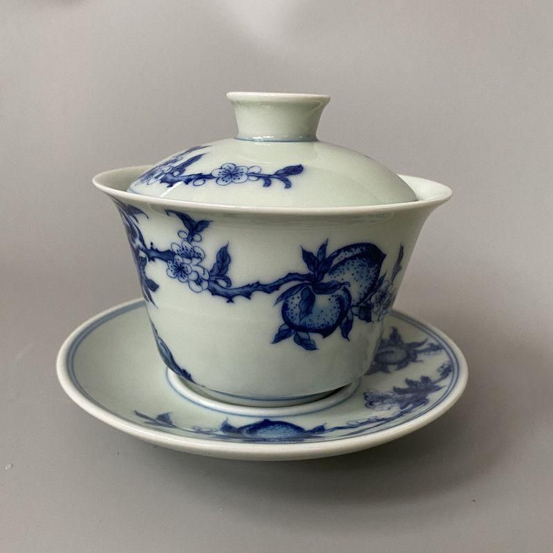 中国茶器 青花釉下寿桃三才蓋碗 茶器 茶碗 景徳鎮 未使用品 中国茶器 青花釉下寿桃三才蓋碗 茶器 茶碗 景徳鎮 未使用品