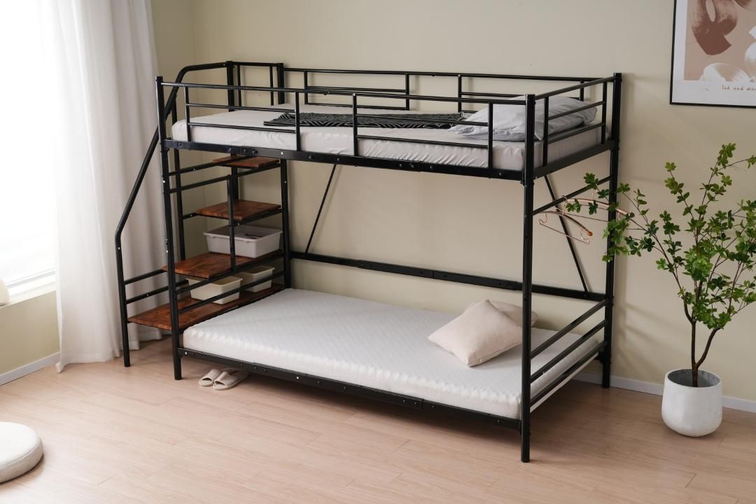 【マットレス2個付】Sロフトベッド 階段付きパイプベッドシングル収納スチール耐震 マットレス2個付】Sロフトベッド 階段付きパイプベッドシングル収納