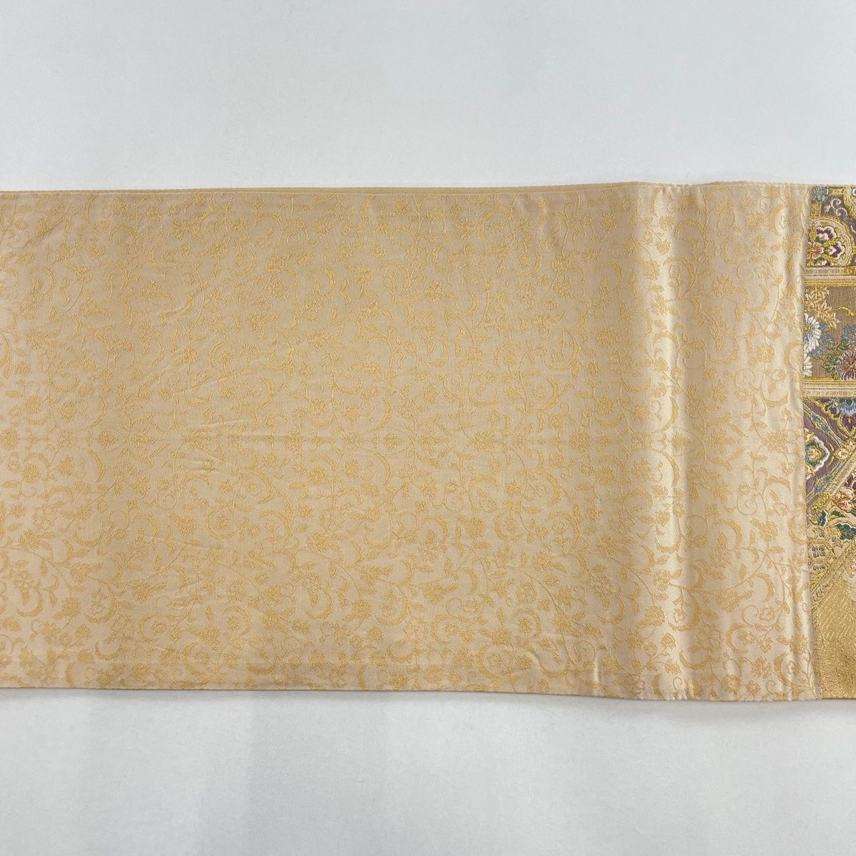 天袋金具　アンティーク 袋帯 美品 秀品 草花 尾長鳥 箔 金糸 金色 六通 正絹 【中古