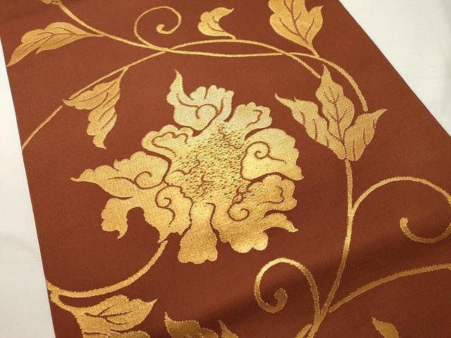 平和屋着物○全通柄 本袋帯 枝花唐草文 伊勢由 金糸 正絹 逸品