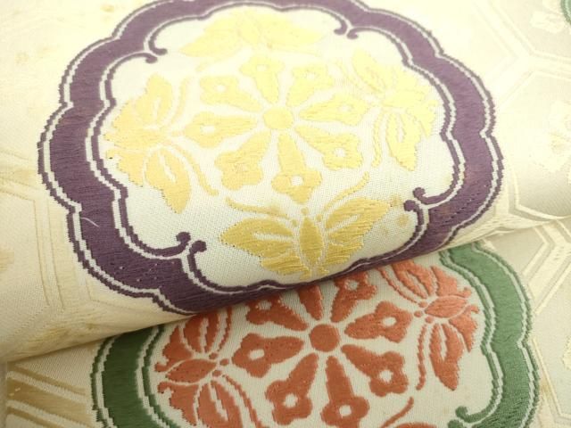 平和屋着物●俵屋　人間国宝　喜多川平朗  有職織物　両面　六通柄袋帯　唐織　花丸文　正絹　逸品　DABE5052ps 平和屋着物○俵屋 人間国宝 喜多川平朗 有職織物 両面 六通柄袋帯 唐織