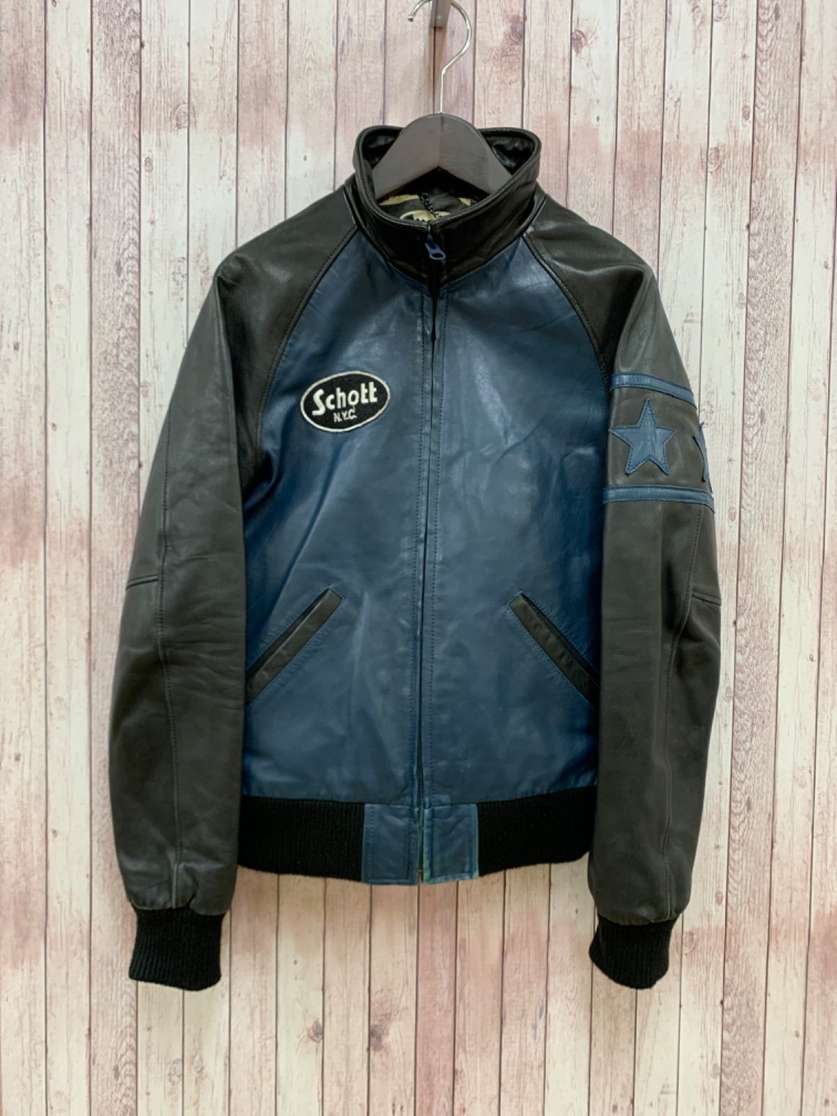 ☆Schott ショット ラムレザー 羊革 ジャケット XS ワッペン 切替