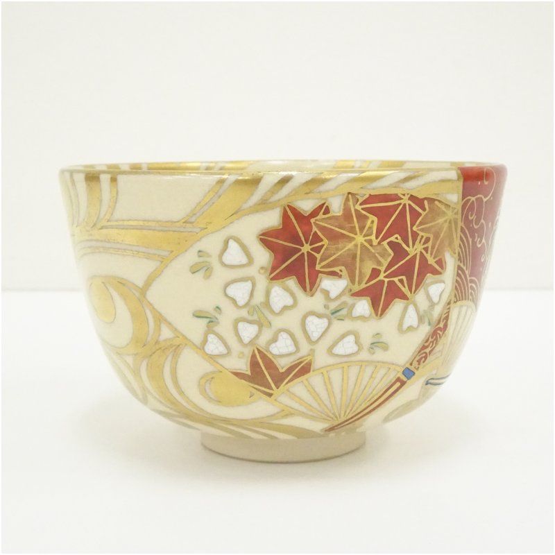 京焼 橋本紫雲造 茶道具 茶道 抹茶碗 色絵扇面茶碗 京焼 橋本紫雲造