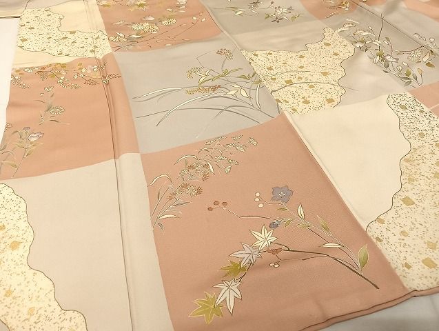 平和屋着物●創業460年・千總　小紋　駒刺繍　市松　草花　金糸　金彩　正絹　逸品　AAAU4309np 平和屋着物○創業460年・千總 小紋 駒刺繍 市松 草花 金糸 金彩 正絹