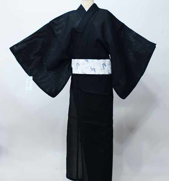 浴衣 6点セット 男性用 しじら織 綿100％ 3L 4L サイズ 黒地 無地 浴衣 角帯 下駄 信玄袋 腰紐2本 NO40472-2