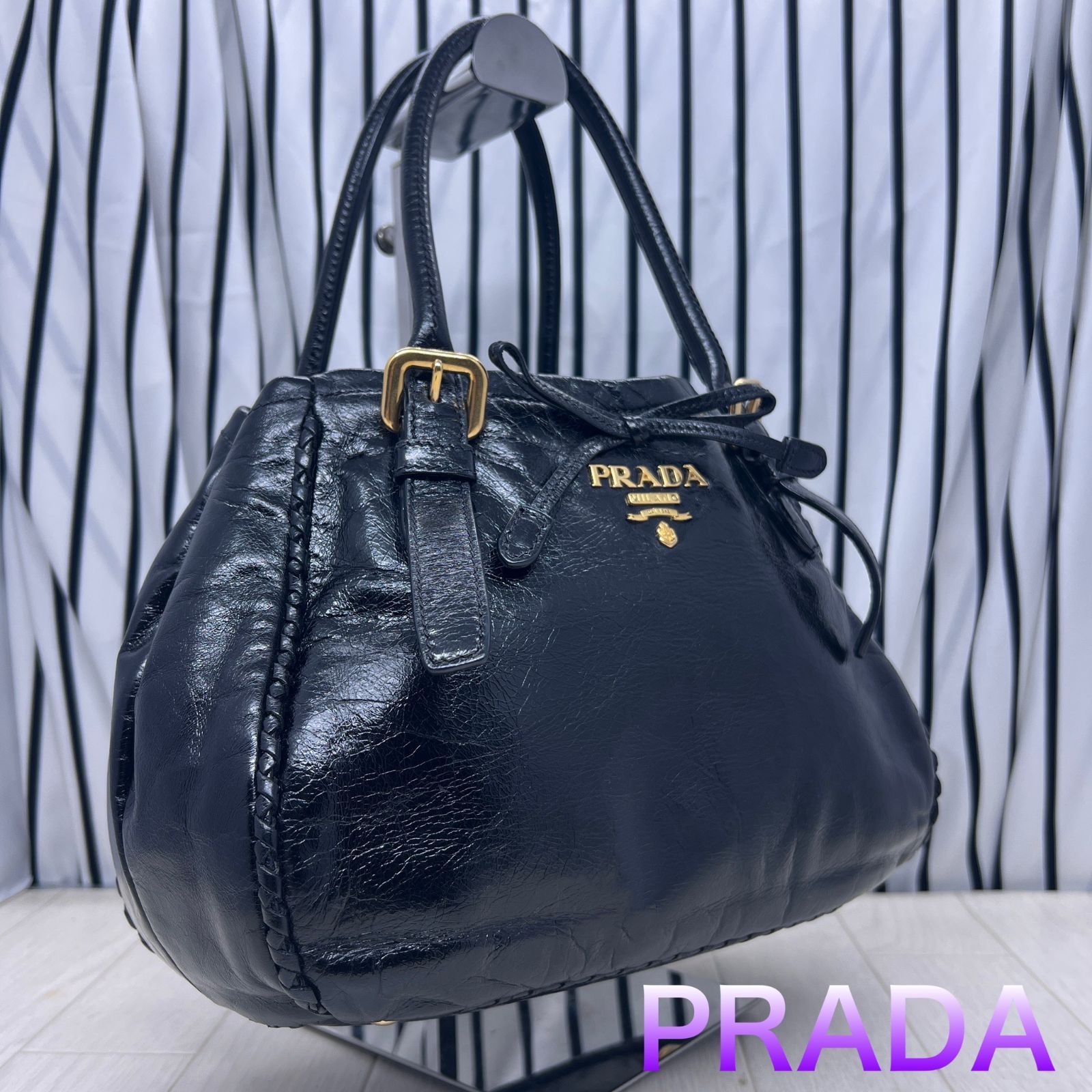 【美品】PRADA×プラダ 金色プレートオールレザートートバッグ