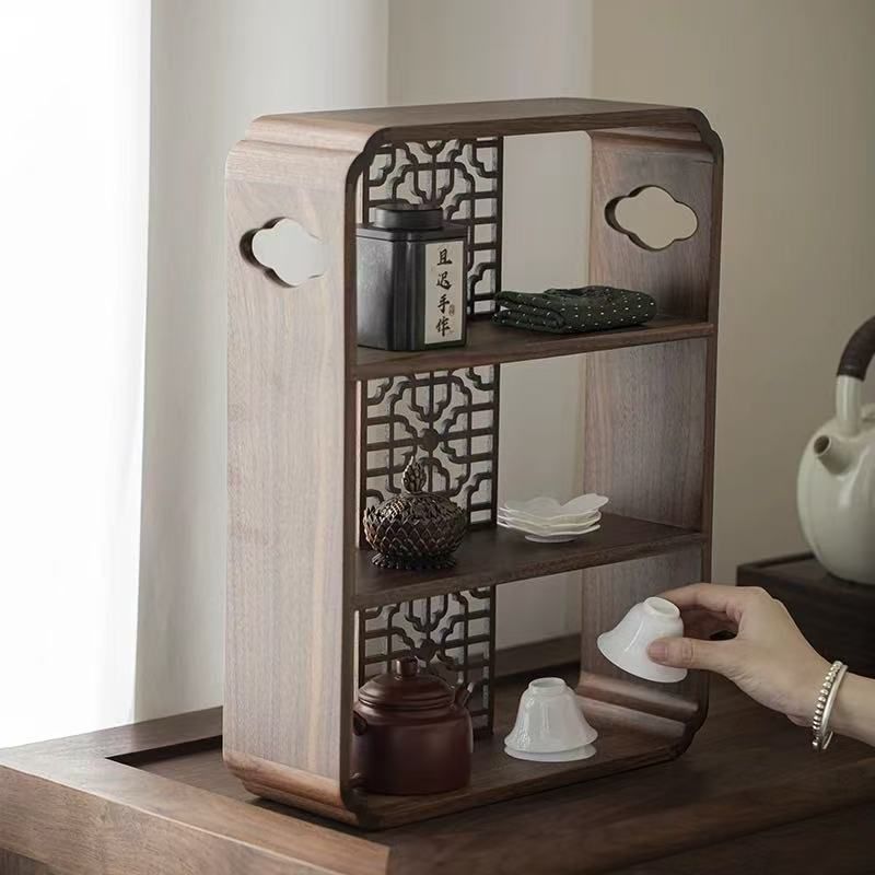 胡桃木 茶器収納棚 茶器収納トレー ホルダー茶器収納棚 透かし彫り 復古 ヴィンテージ 卓上収納トレイ 小型 茶キャビネット 調味料ラック 棚茶器 盆栽台 茶盆 茶台 お茶 茶道具 茶道 卓上 置物