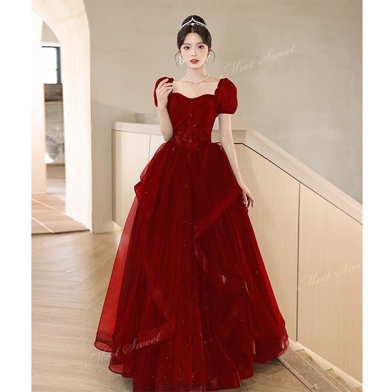 ワインレッド パフスリーブ 前撮り 二次会 ウェディングドレス ウエディングドレスドレス 演奏会 結婚式 音楽会