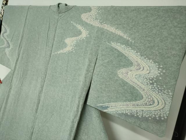 平和屋着物●熊野桂堂　友禅　蝋纈染　訪問着　エ霞み流水枝花文　暈し染め　金彩　正絹　逸品　AABE0172cs 平和屋着物○熊野桂堂 友禅 蝋纈染 訪問着 流水文 暈し染め 正絹 逸品