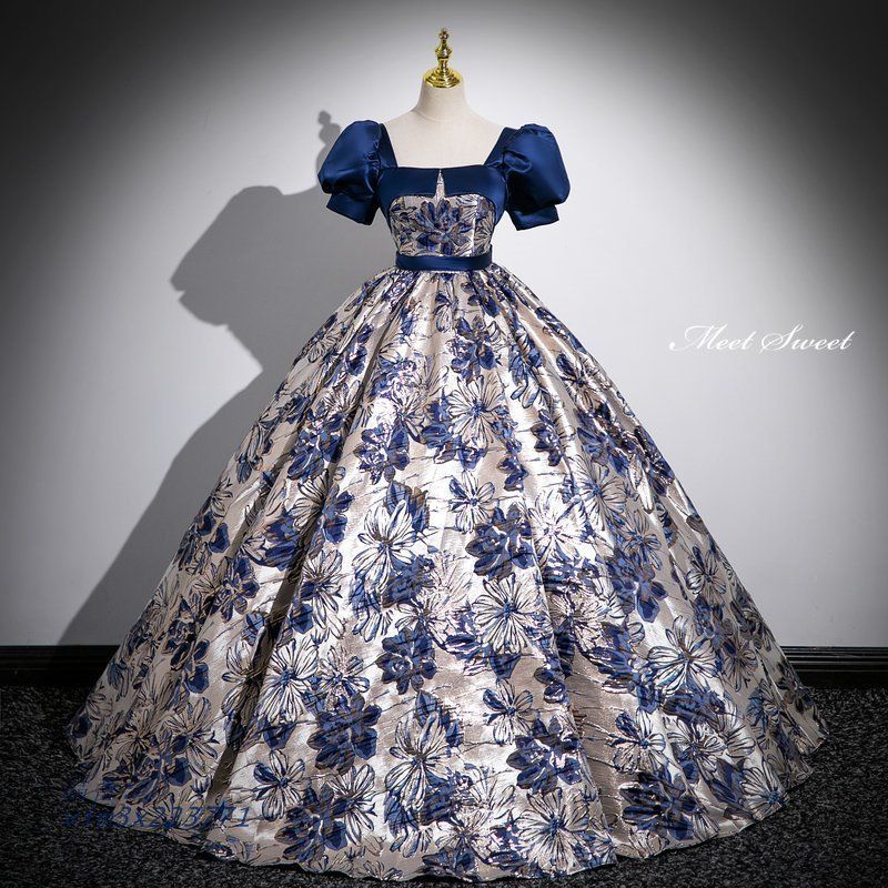 ドレス プリンセスライン ネイビー 花柄 パフスリーブ 紺 前撮り ウェディングドレス ロングドレス 結婚式 花嫁 ステージ衣装 発表会 演奏会 二次会 vim3x223771