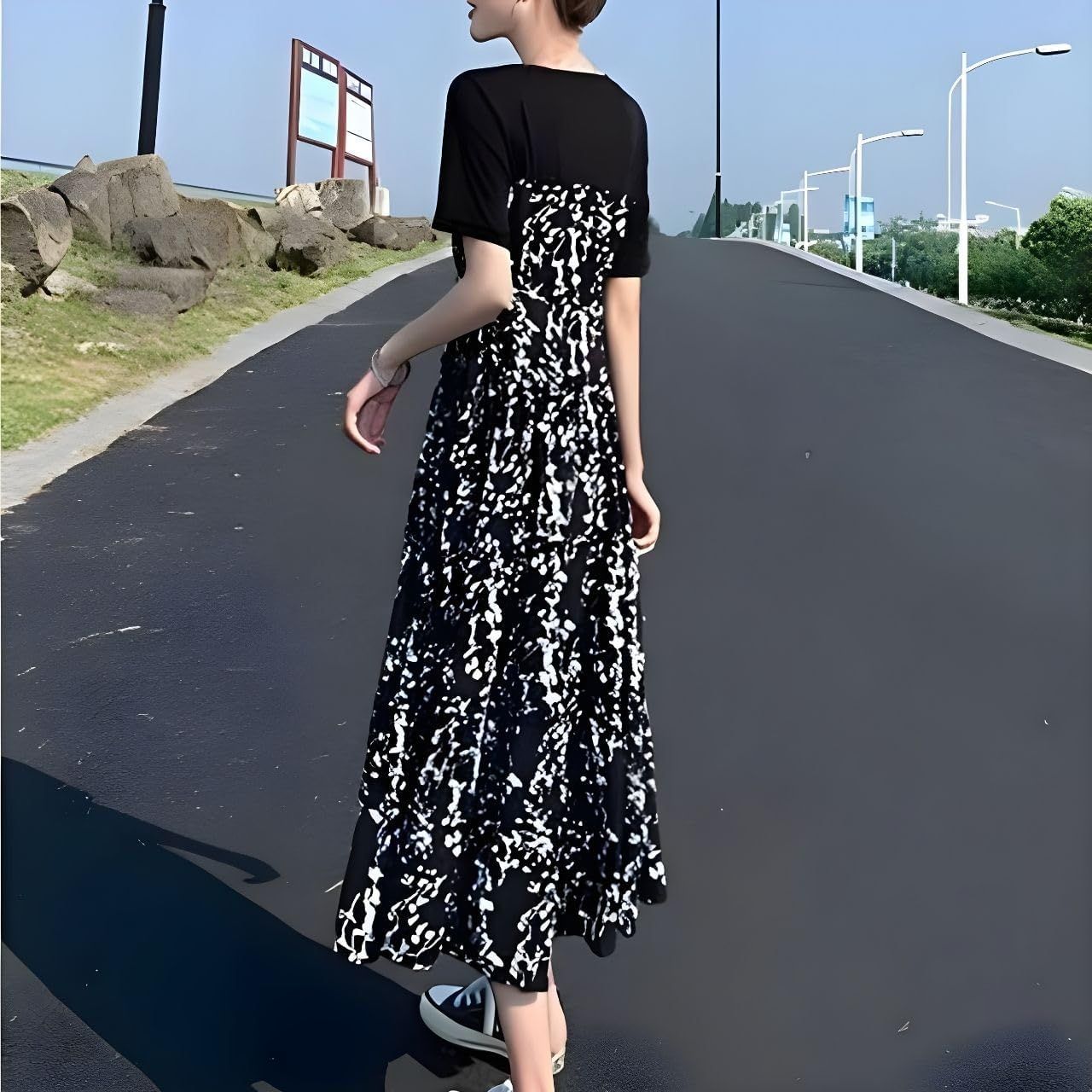 ワンピース 即購入OK レディース 花柄 夏 半袖 重ね着風 ロング