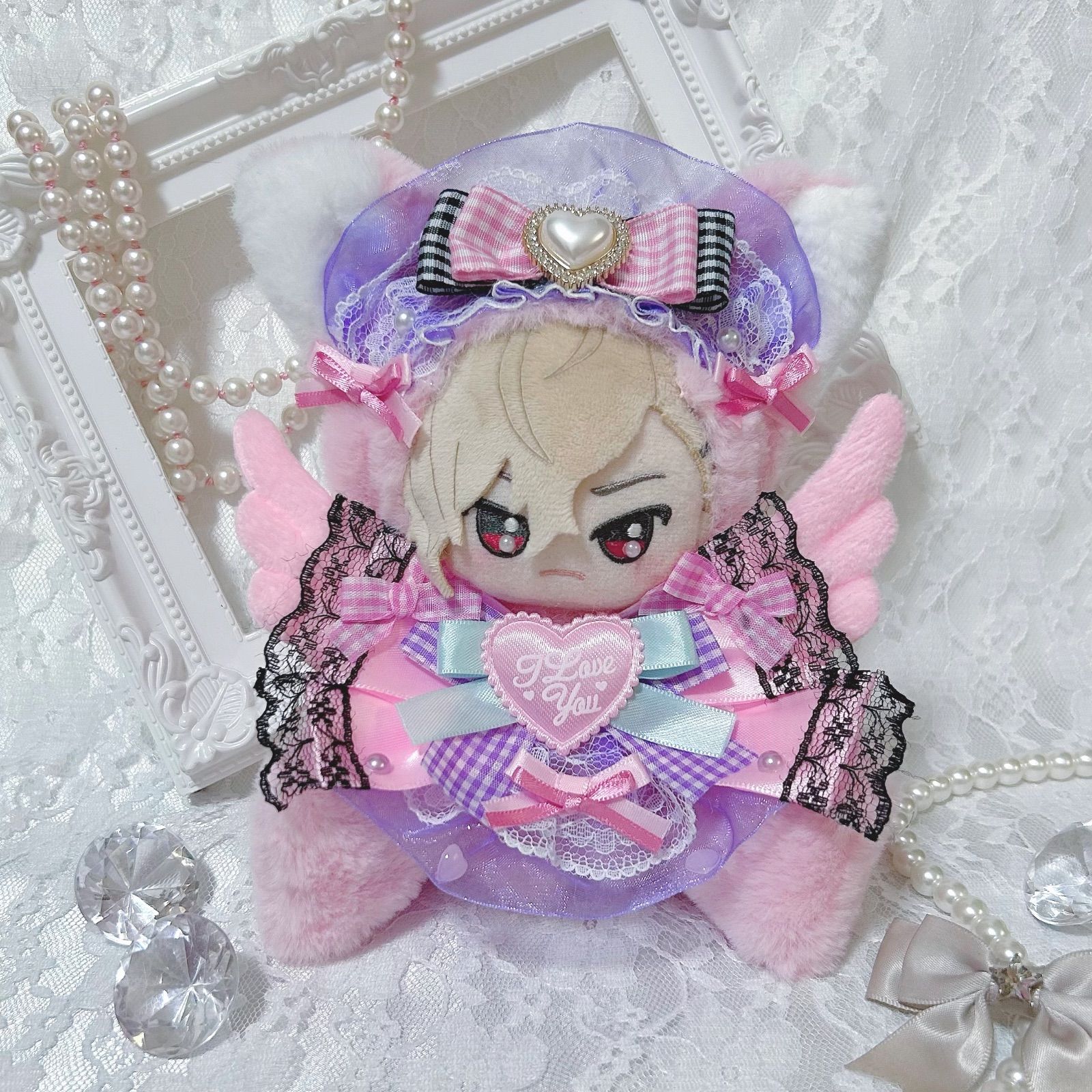 ぬい服 おすわり ねこ 10〜12センチサイズ 紫ピンク