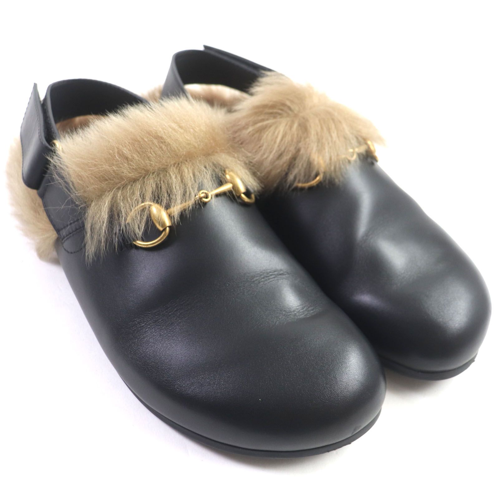 美品▽GUCCI グッチ 473493 ホースビット ファー レザー ミュール 