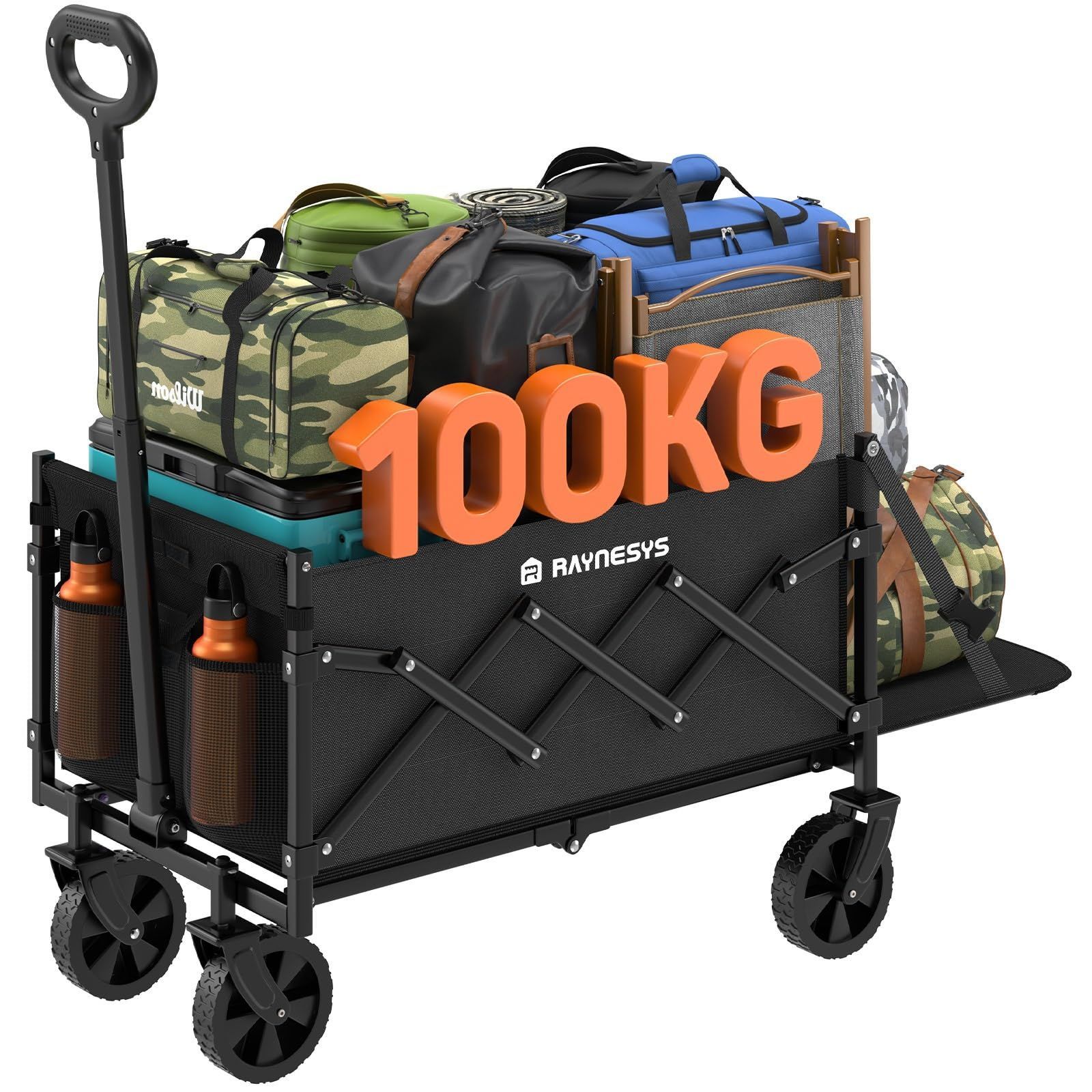 新着商品 Raynesys キャリーワゴン 小型 容量65L-90L 耐荷重100kg 長物対応 後部展開可 アウトドアワゴン 折り畳み式キャンプカートリアゲートあり 自立収納 静音キャンプ|砂浜|釣り|引越し|買い物|ゴミ出し