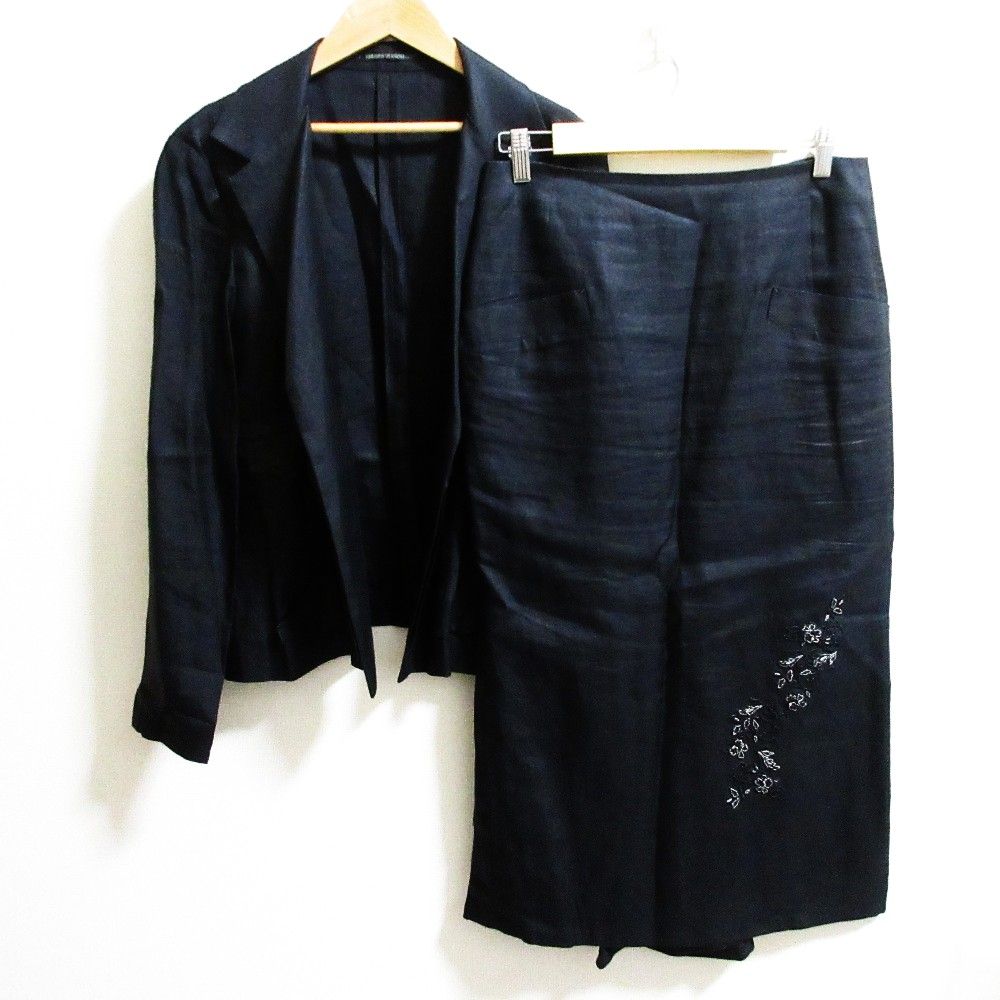 Yohji Yamamoto ヨウジヤマモト 刺繍 オープンフロントジャケット リネンロングスカート セットアップ サイズ2 ブラック レディース 古着