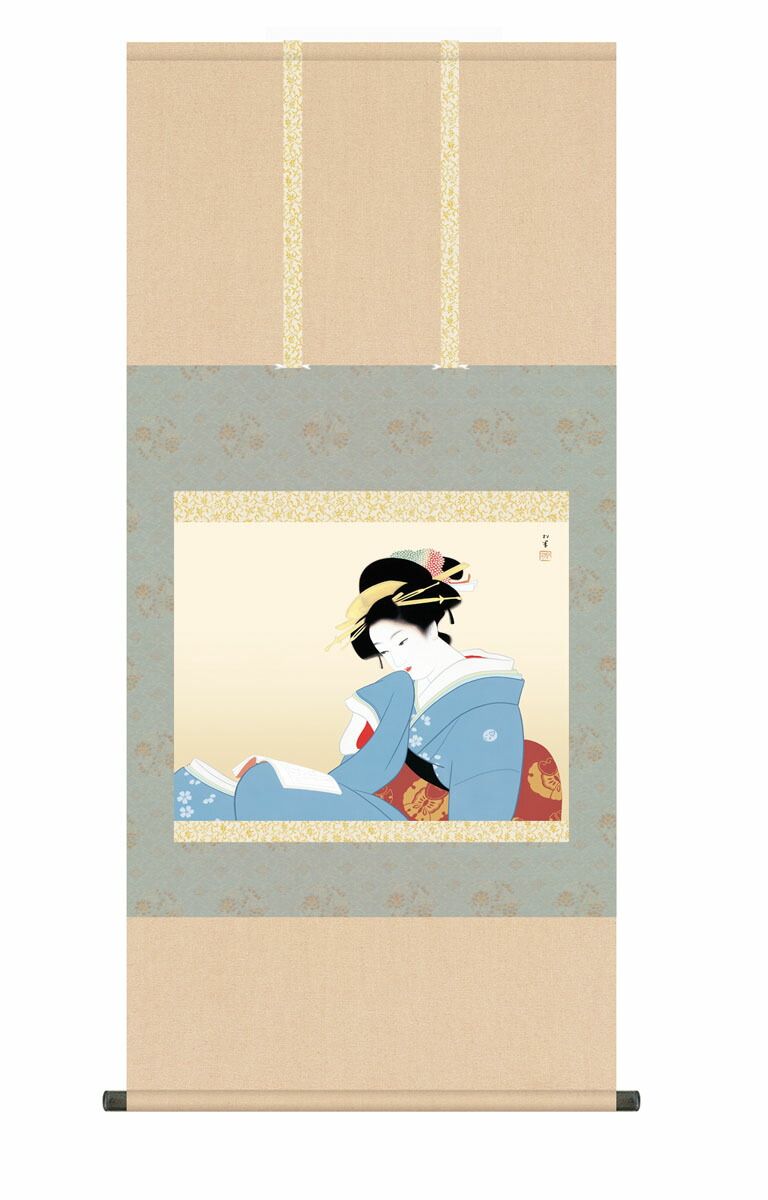 10年保証 掛け軸 名画複製画 つれづれ 上村松園 尺5 桐箱付き床の間