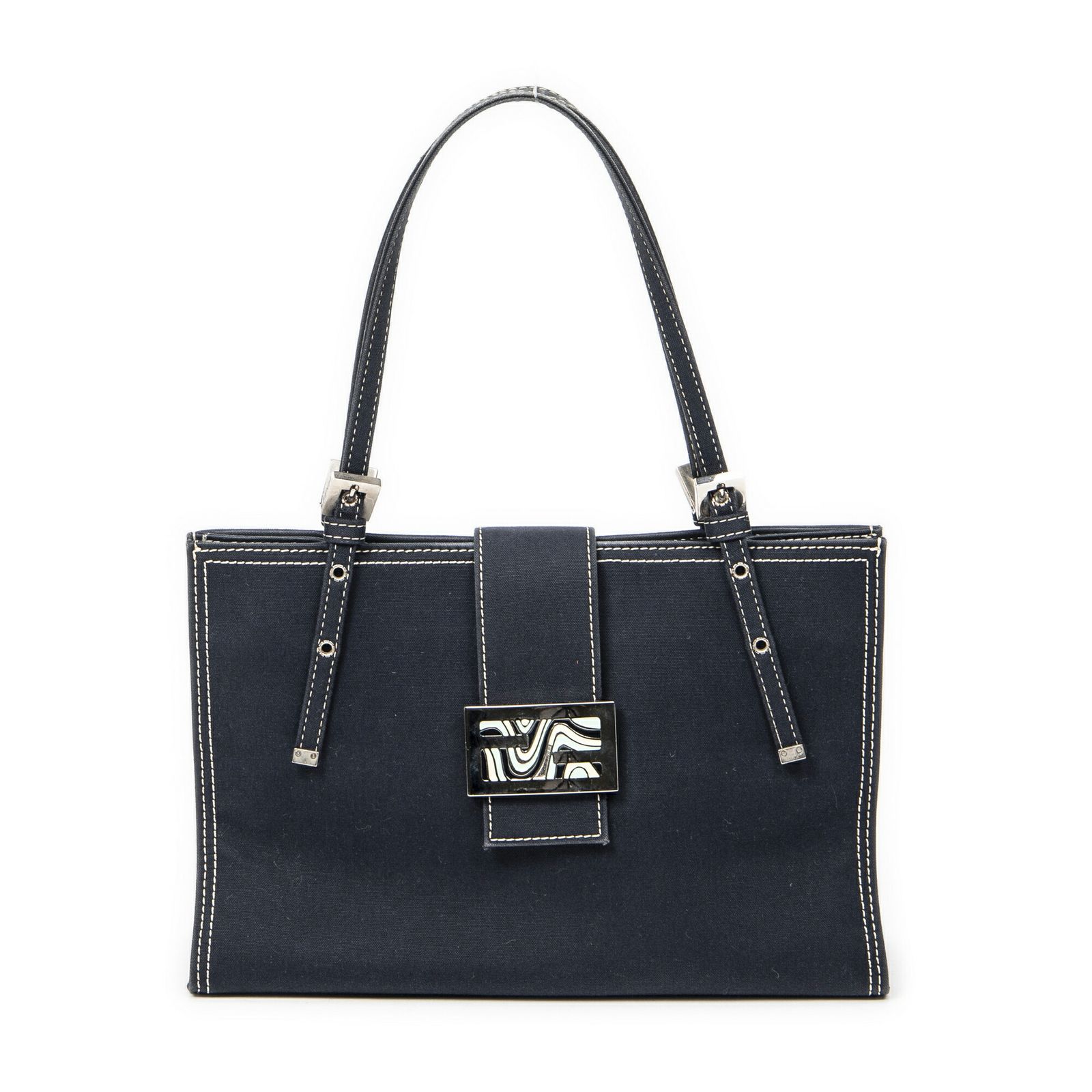 FENDI フェンディヴィンテージ FF マーブル トートブルーデニムデニムキャンバスAB