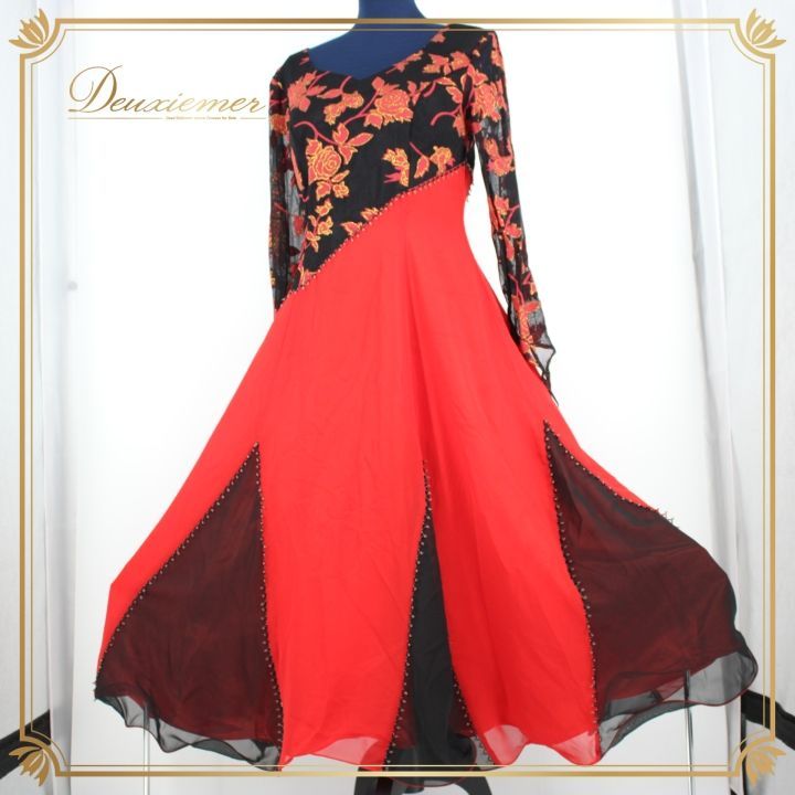 社交ダンス 衣装 スタンダードドレス ドレス ワンピース パーティ衣装 女性用 レディース オールシーズン Mamin マーミン 赤 黒 金 ブラック系 レッド系 ゴールド系 花柄 長袖 赤色 ドレススタイル フェスティバル 二重スカート エレガント