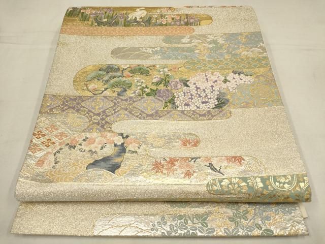 洒落袋帯 全通 鮮やか 細かな絣柄 正絹 AO-2684 平和屋着物▽六通柄袋帯 篁琳 市松流水梅丸文 金糸 正絹 逸品