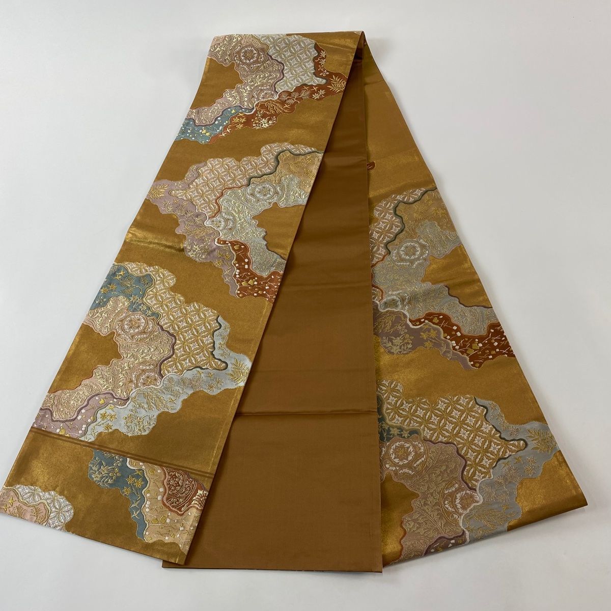 美品】 袋帯 逸品 河村織物 落款 道長取 名物裂六歌選 金糸 箔 金茶 六
