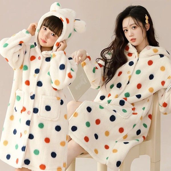 パジャマ 子供 ドット ガウン 110CM もこもこ 暖かい 着る毛布 前開き 冬 秋 暖かい ルームウエア 部屋着 あったか nee3d899362