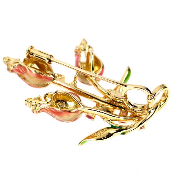 エナメル K18YG ピンクサファイア ダイヤモンド ブローチ兼ペンダントトップ 0.34ct D0.05ct チューリップ