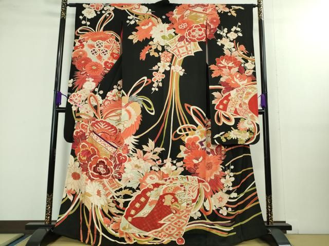 平和屋着物■極上　アンティーク　大正ロマン　振袖　刺繍　檜扇花薬玉　黒地　金彩　逸品　DZAA9978kh5 平和屋着物□極上 アンティーク 大正ロマン 振袖 刺繍 檜扇花薬玉 黒地