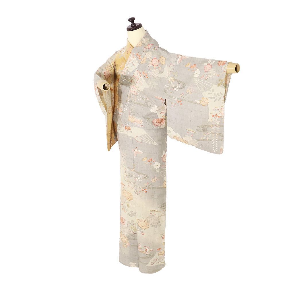K0496 未使用品 逸品 お洒落 しょうざん生紬 正絹 訪問着 紬 袷 着物 しょうざん 生紬 未使用 正絹 草木染 薄緑 無地