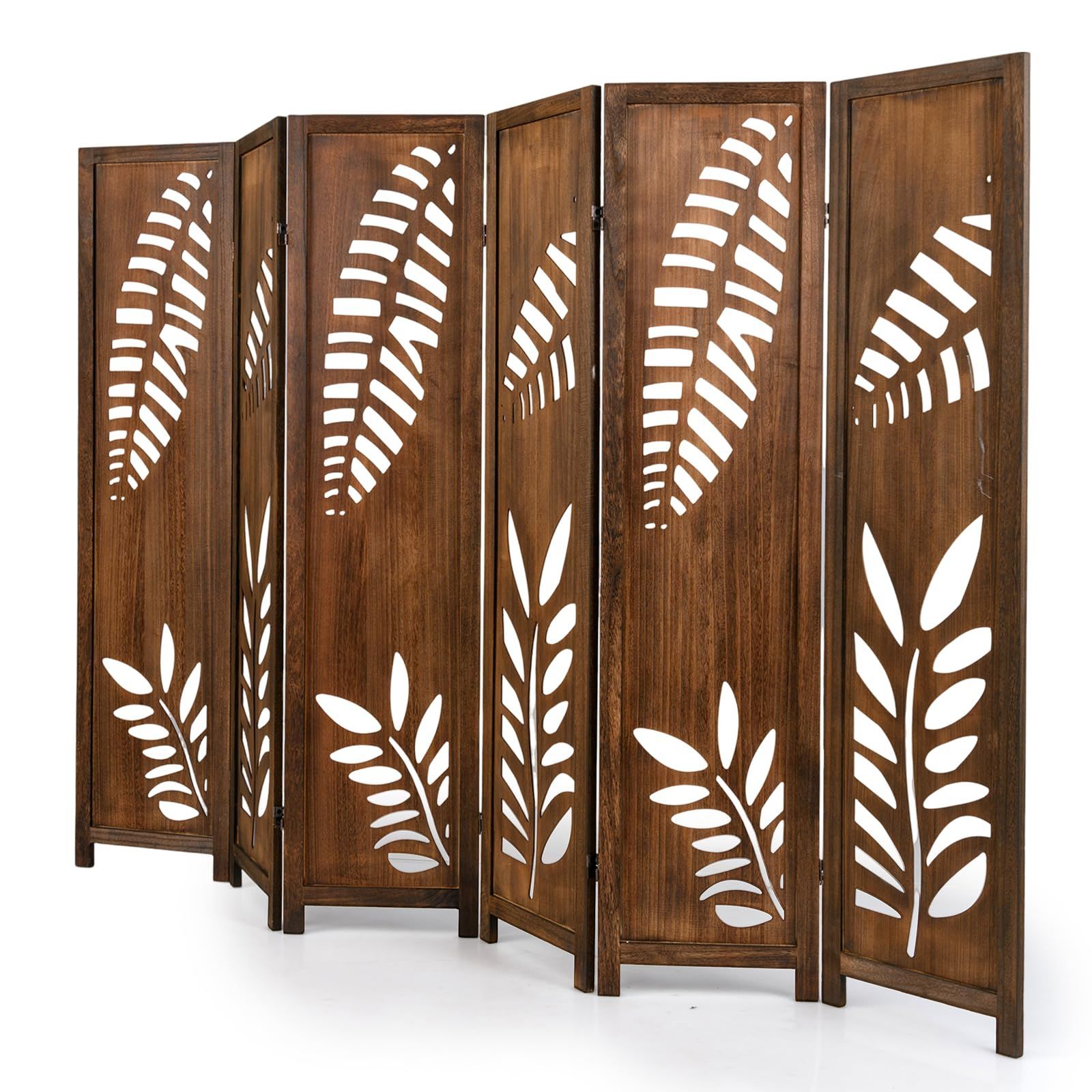 レストラン 和室 オフィス 書斎 リビング コンパクト収納 寝室用 組立不要 2段ヒンジで角度自由調節 天然木 ボヘミアン調 葉型デザイン おしゃれ 間仕切り cm x高さ165 x奥行2 幅240 桐木製 折りたたみ 6連 パーテーション GYMAX