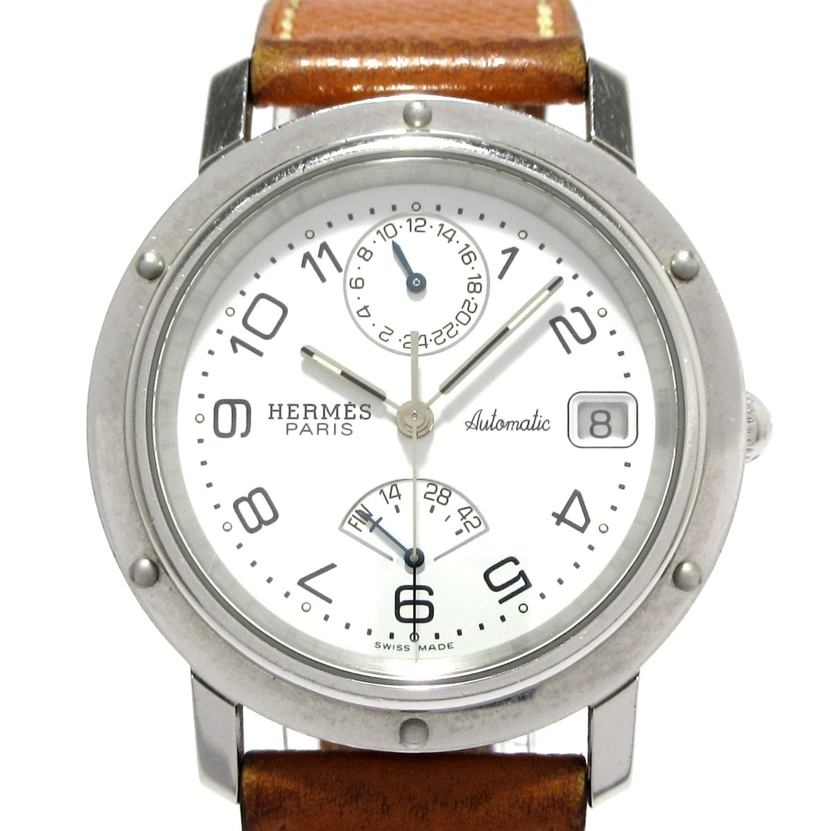 HERMES エルメス 腕時計 クリッパー ドゥブルトゥール パワーリザーブ CL5.710 ボーイズ 革ベルト|□J刻印|裏スケ 白