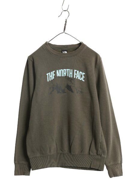 【お得なクーポン配布中!】 ノースフェイス プリント スウェット メンズ S 古着 アウトドア トレーナー 裏起毛 ベア イラスト グラフィック クルーネック 薄手 カーキ