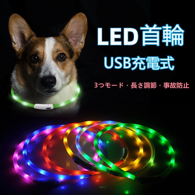 犬用 光る 首輪 レインボー 35cm 夜の散歩 LEDライト USB充電 安全