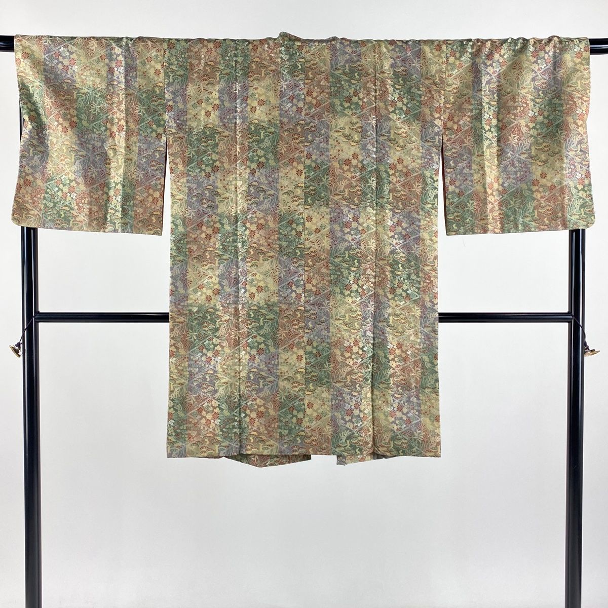 道中着 身丈98cm 裄丈68cm L 和装コート 松 菊 薄緑 正絹 名品